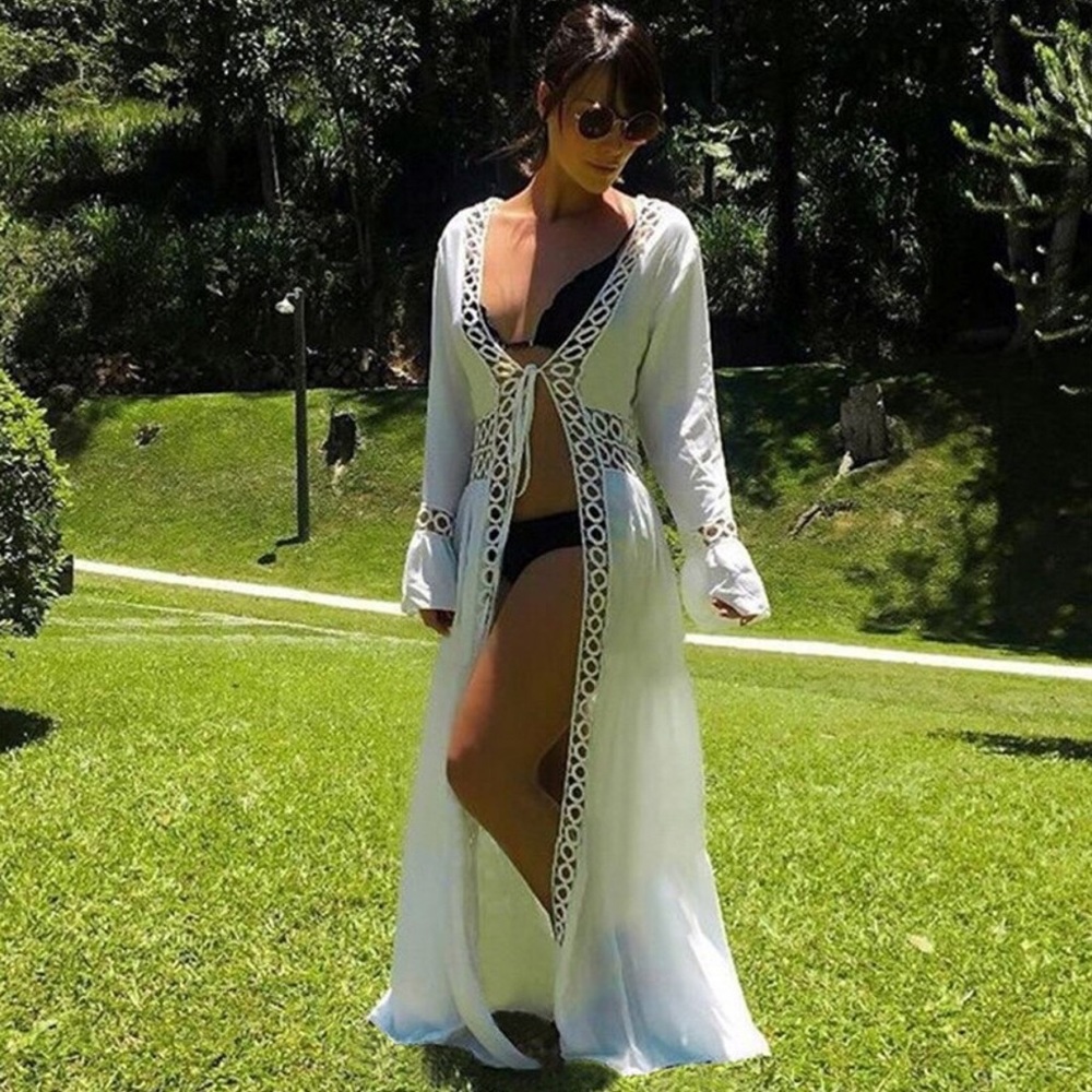 Boho Flowing White Cover Up Crochet Detail - Picture 5 of 16